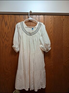 Cream Embroidered Peasant Midi Dress